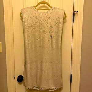 White sequin and silver shift dress with shoulder pads